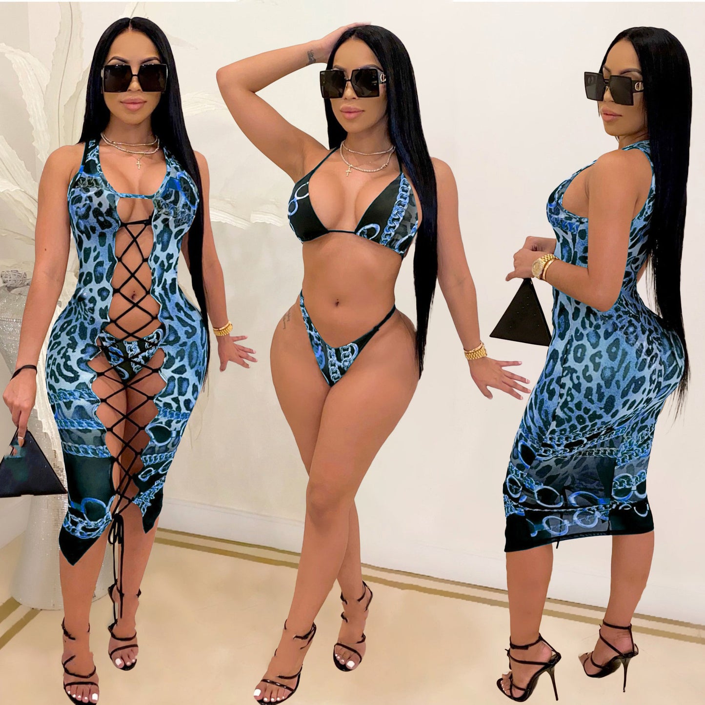 European And American Women's Sexy Bikini And Leopard Print Three-piece Swimsuit
