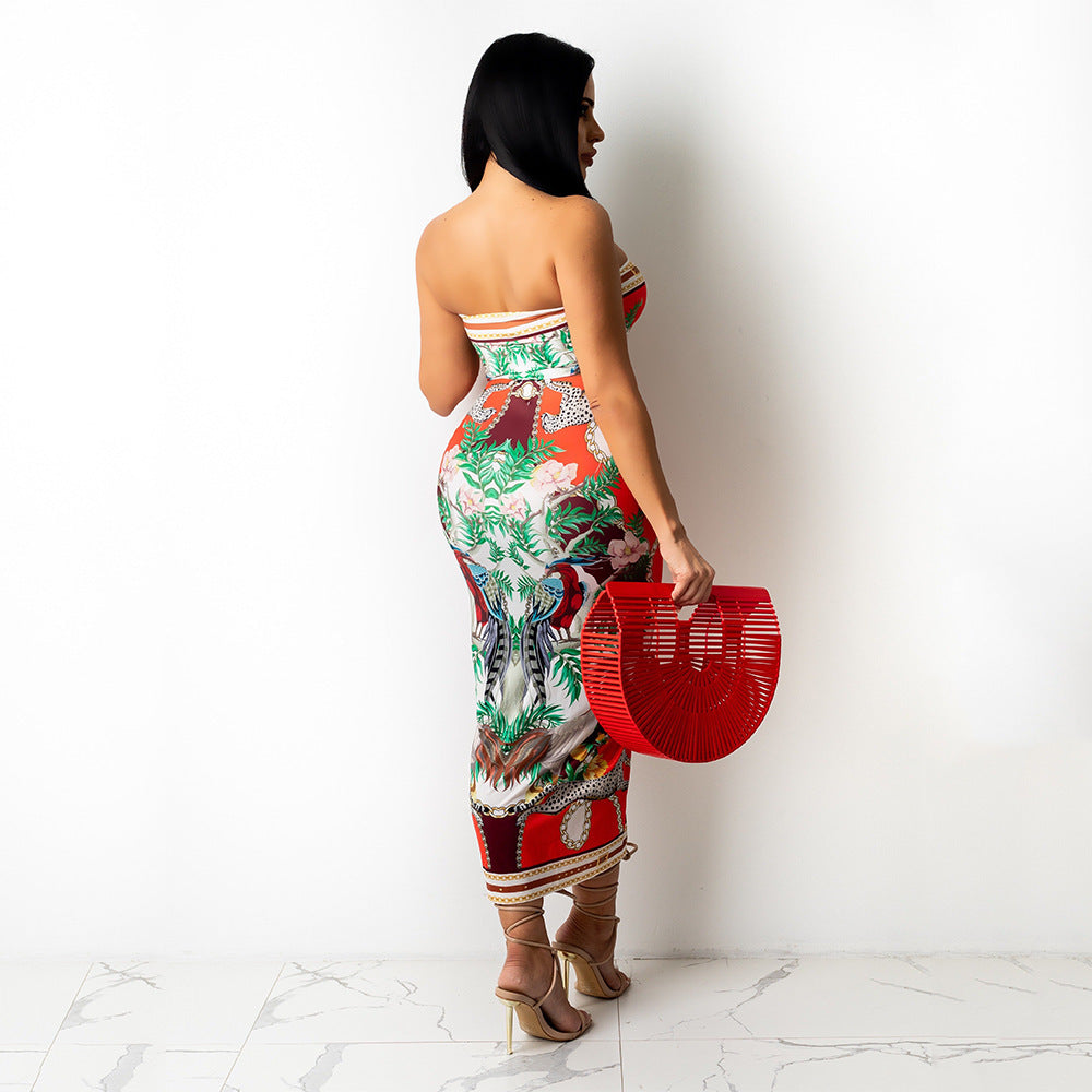 Fashion Sexy Print Pleated Slit Chest Wrap Suit