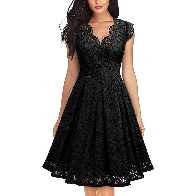 Europe And America Women's Vintage Lace V-Neck Sleeveless Cocktail Party Swing Skirt