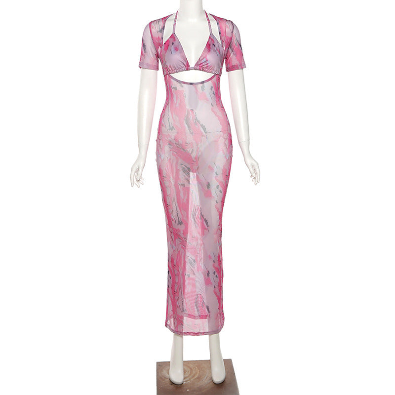 Womens Short Sleeved Sexy Hollow Low Cut Fashion Print Dress