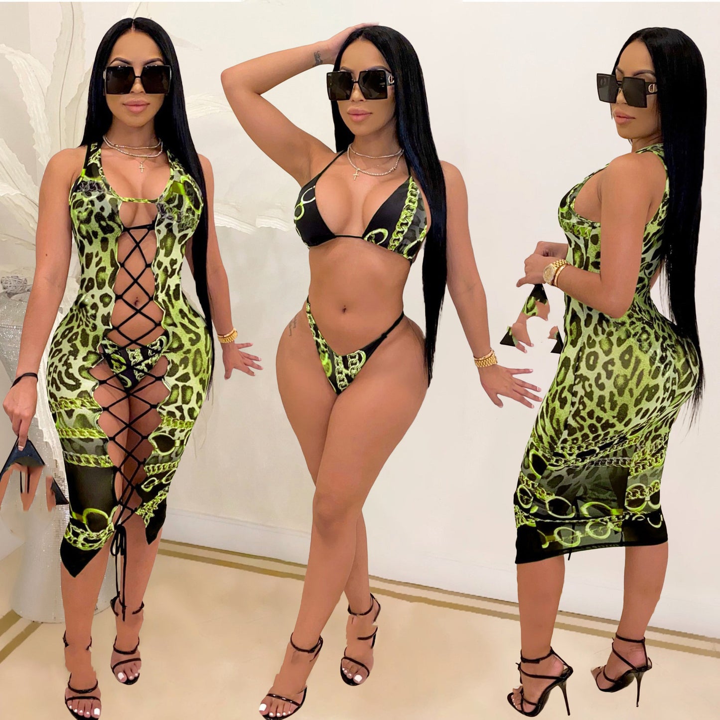 European And American Women's Sexy Bikini And Leopard Print Three-piece Swimsuit