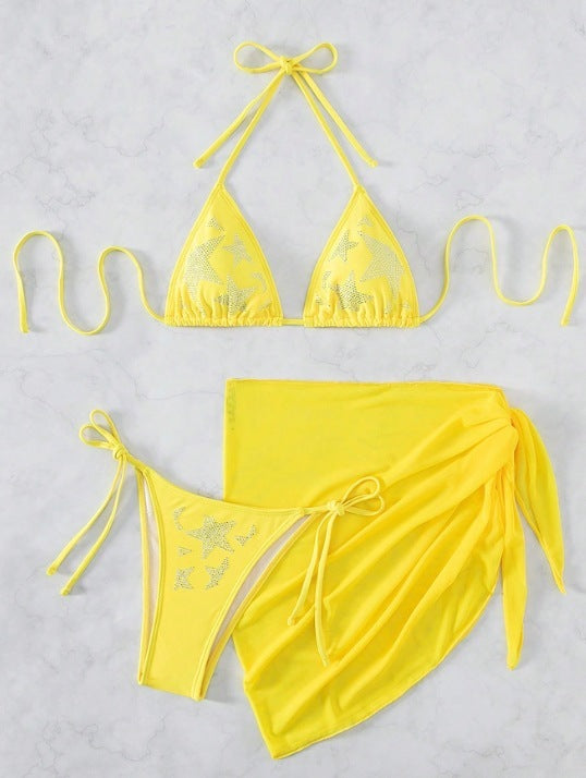 Bikini Swimsuit New Sexy Rhinestone Gauze Skirt Three-piece Suit Split