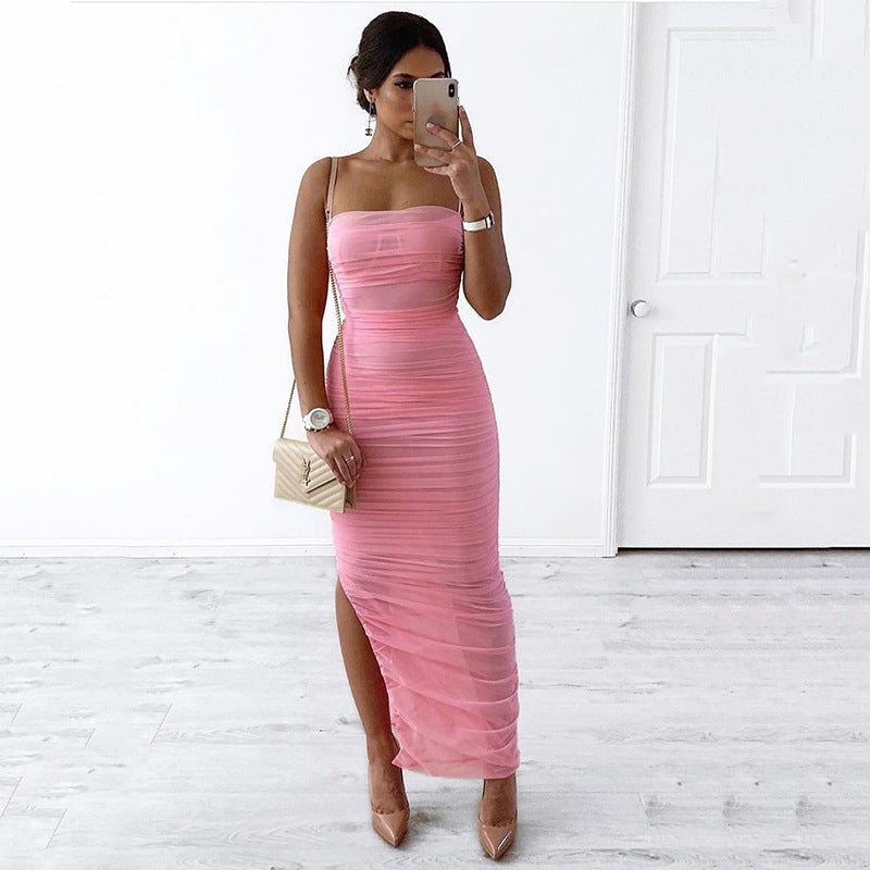 Sexy split mesh dress with suspenders Evening dress