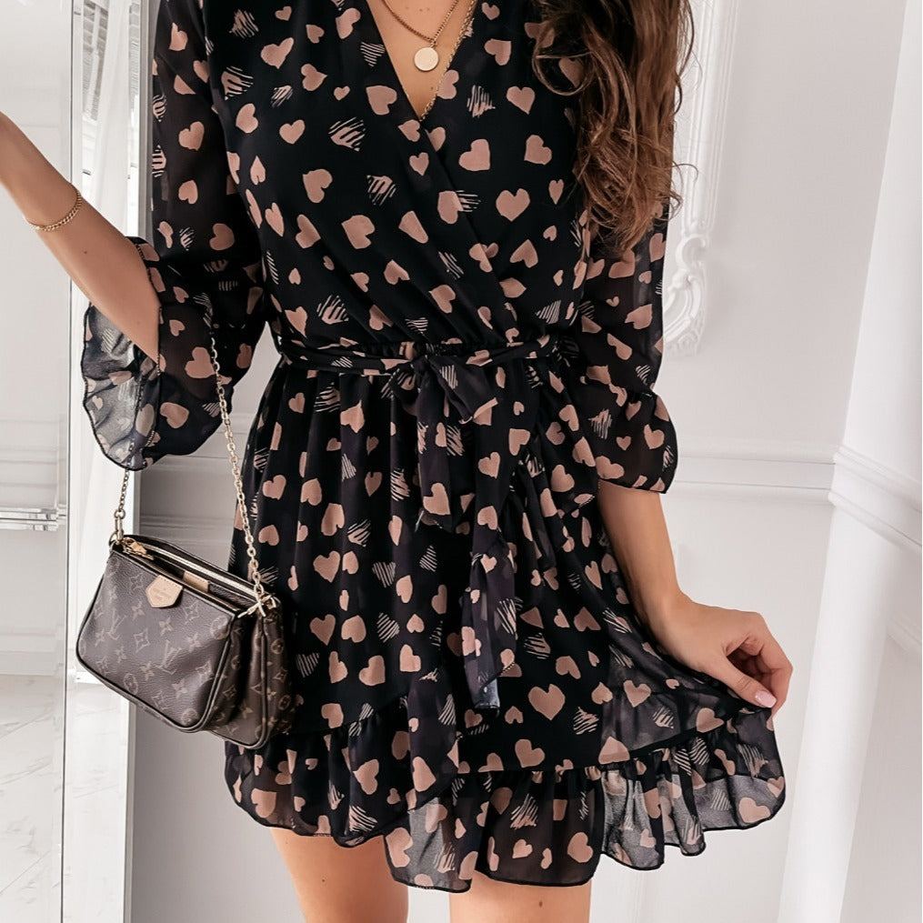 Ladies Solid Color Long Sleeve Printed Love Dress