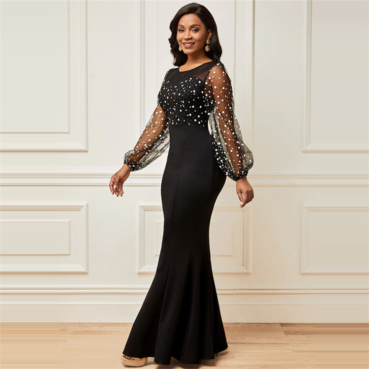 Crewneck Mesh Splicing Long-sleeved Elegant Slim Dress