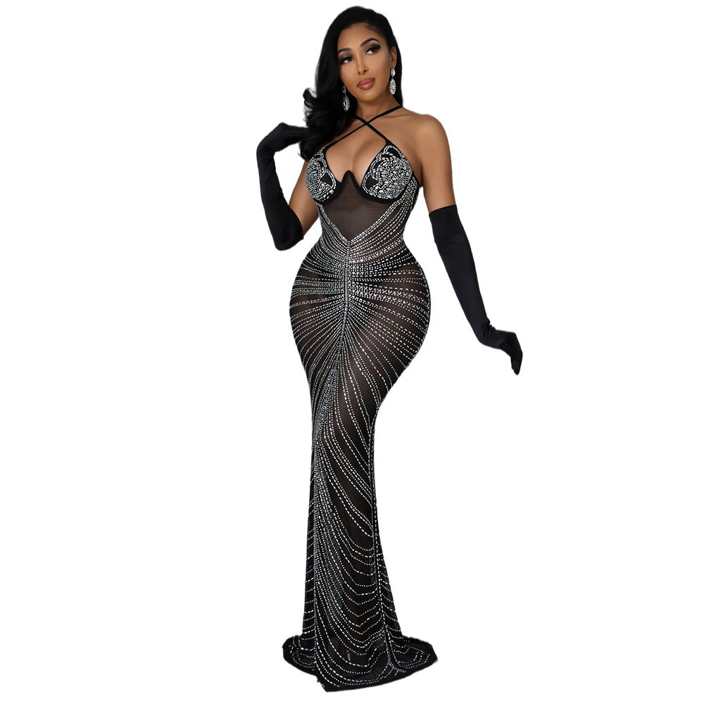 Fashion Women's Sling Polyester Mesh Hot Drill Dress