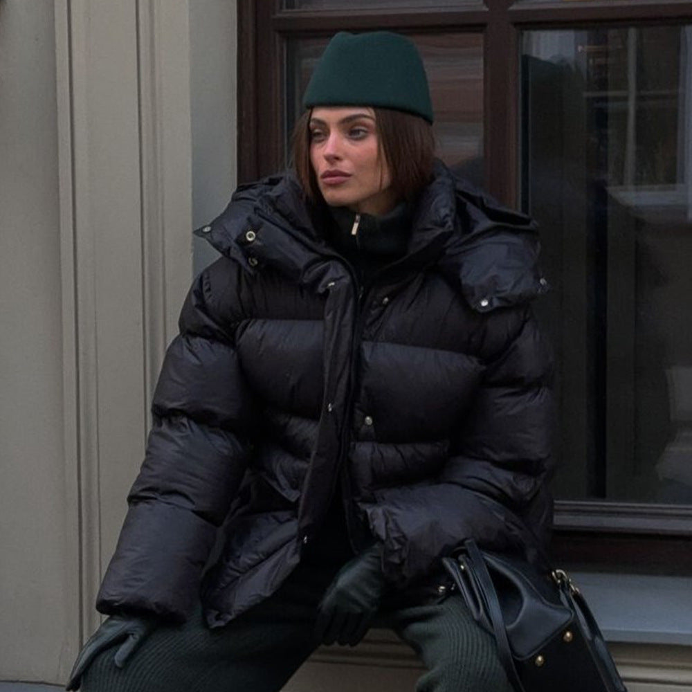 Women's Cottonpadded Overcoat Jacket Square Pocket Cushion Warm Hooded Cotton