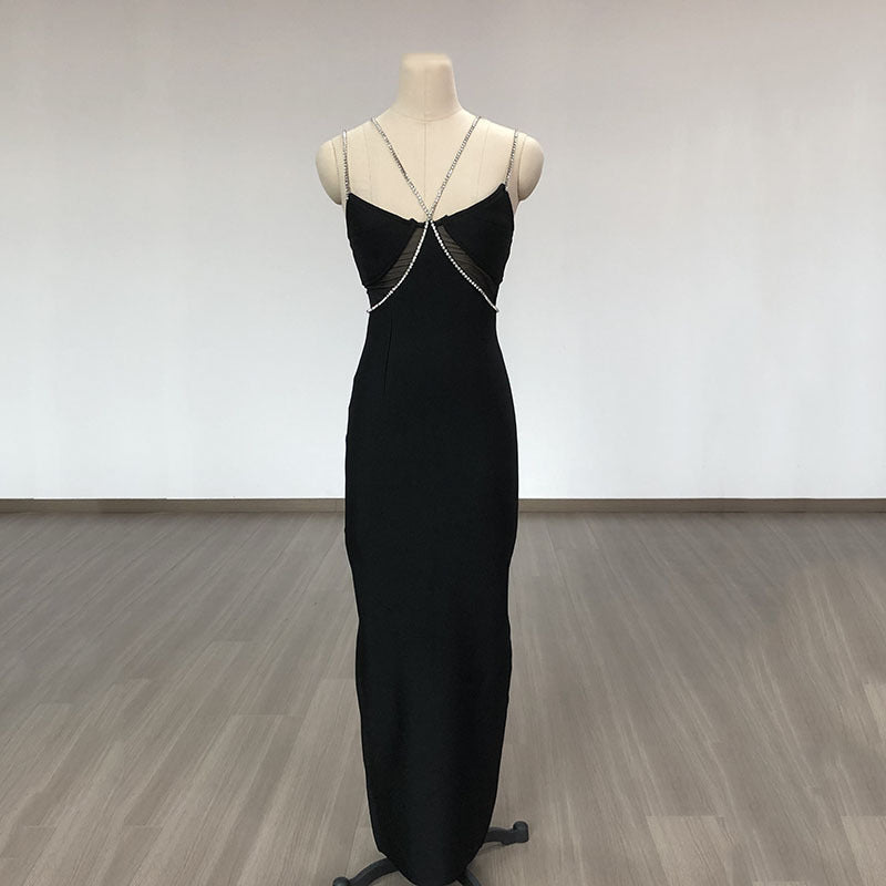 Crystal Drill Chain Straps Tulle Stitched Backless Evening Gown