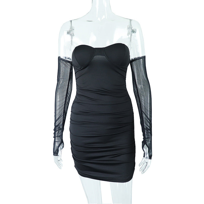 Mesh Panel Long Sleeve Mid Waist Hip Dress