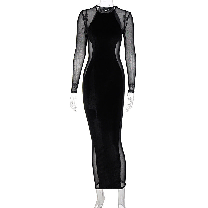 Fashion Sexy See-through Mesh Stitching Slim Long-sleeved Dress