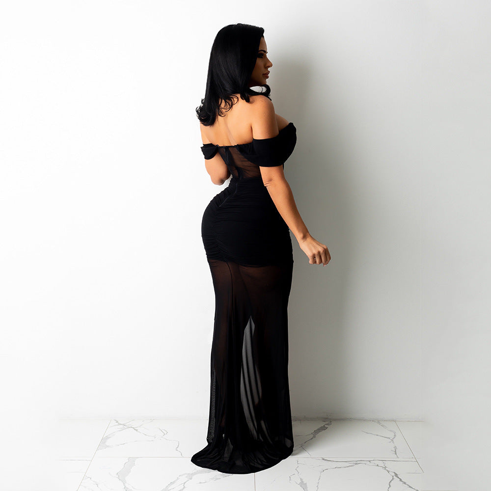 Sexy Nightclub One-Shoulder Mesh Pure Color Dress