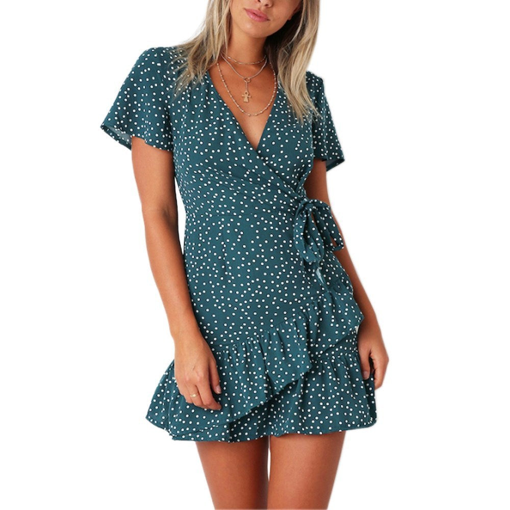 Women's Short-sleeved Printed Lace-up Dress