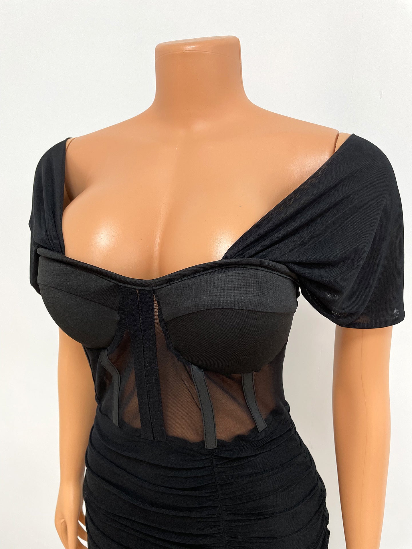 Sexy Nightclub One-Shoulder Mesh Pure Color Dress