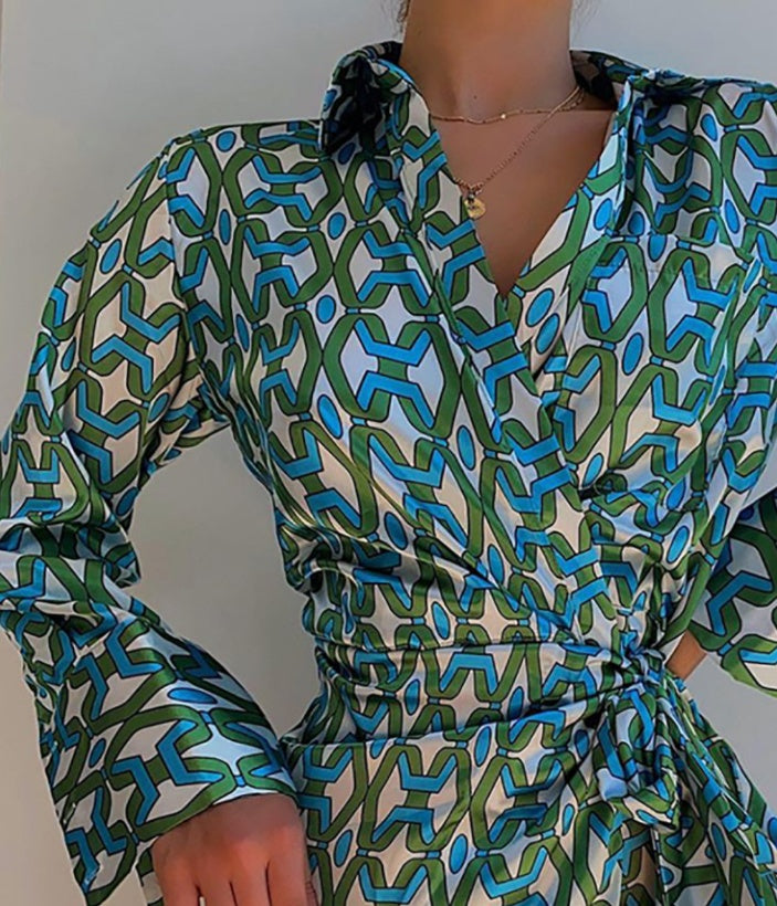 Women's New Contrast Chain Print Long Sleeve Tie Shirt Dress