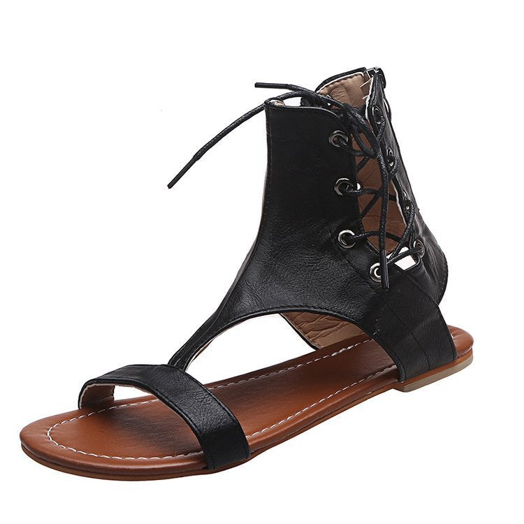 Roman Style Solid Color High-top Lace-up Back Zipper Plus Size Sandals
