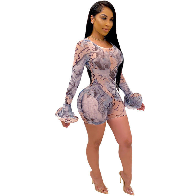 Women's Mesh Cloth Perspective Sexy Short Style Flared Sleeve Jumpsuit