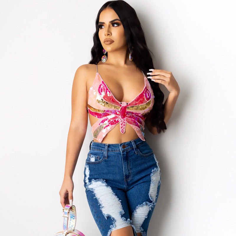 Strappy Bow Sequined Top T-shirt