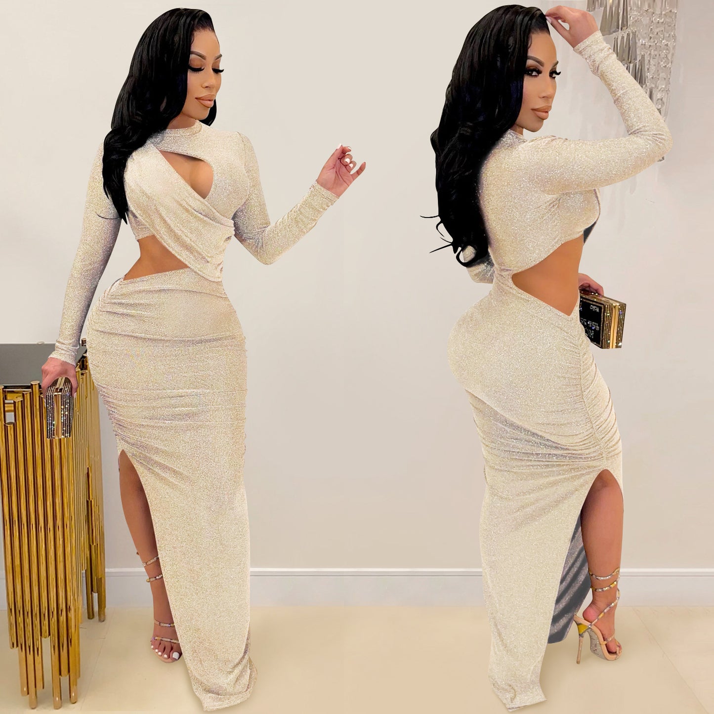 Ladies Long Sleeve Hollow Split Dress