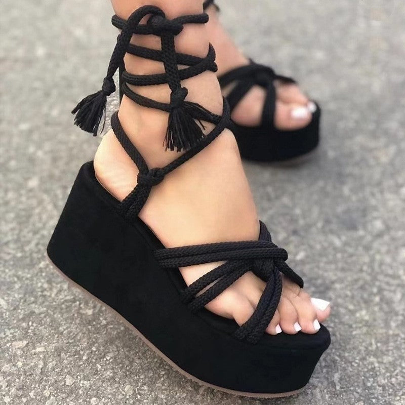 Platform Strap Sandals Round Toe Rope Strap Fashion Sandals