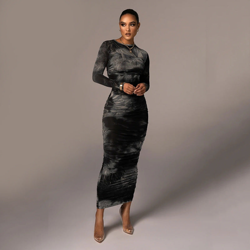 Long Sleeve Round Neck Slim Fit Temperament Versatile Printing And Dyeing Long Dress