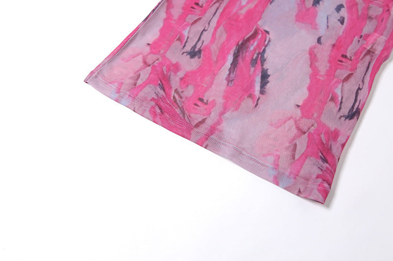 Womens Short Sleeved Sexy Hollow Low Cut Fashion Print Dress