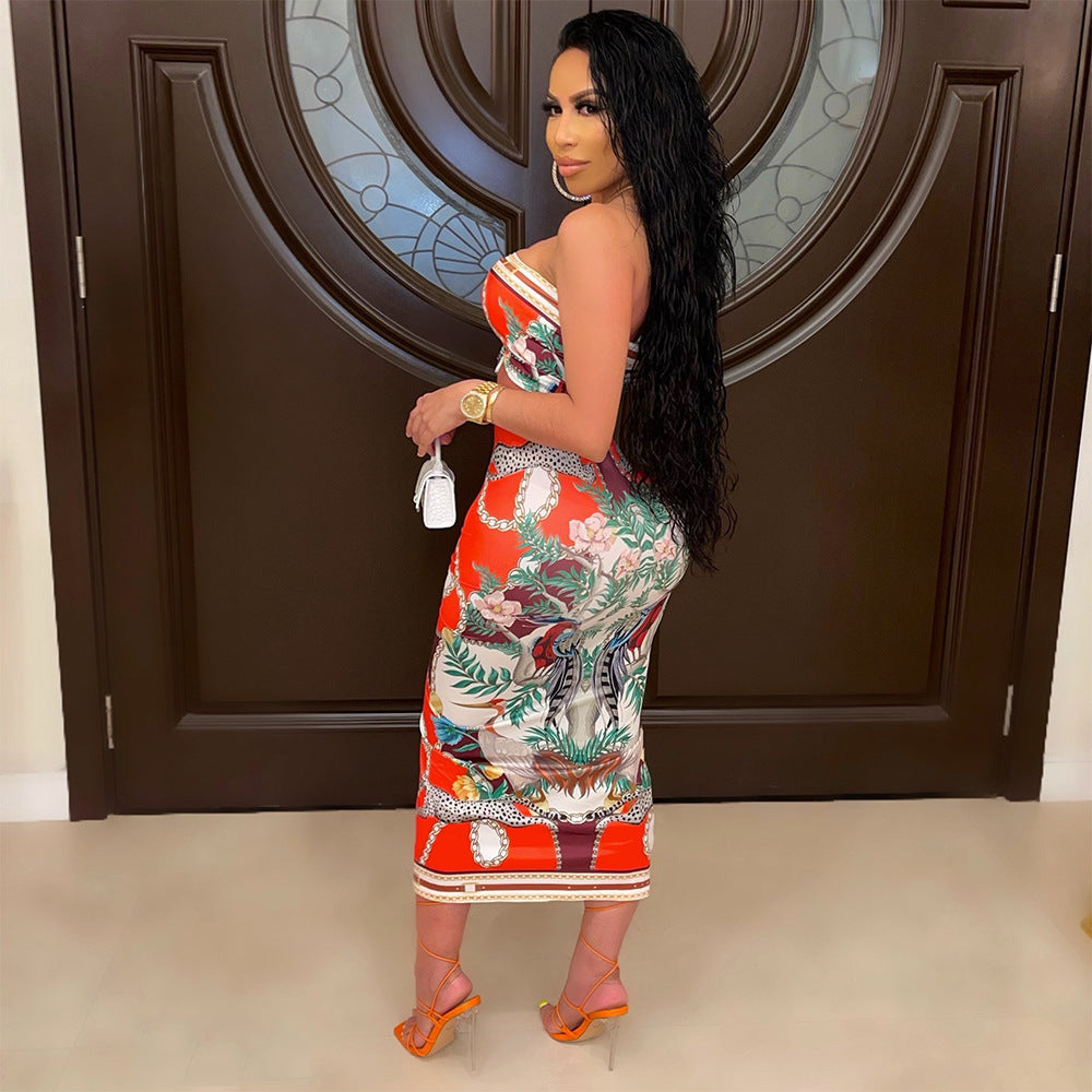 Fashion Sexy Print Pleated Slit Chest Wrap Suit