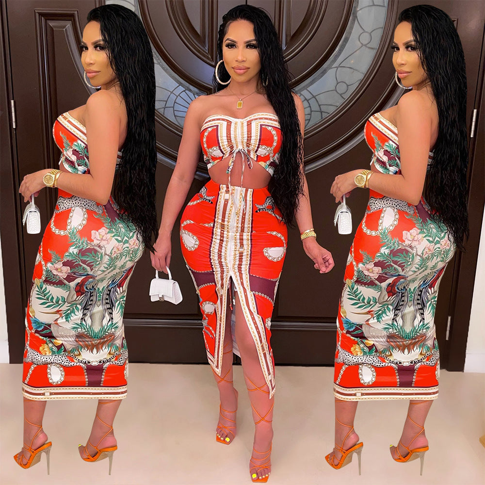 Fashion Sexy Print Pleated Slit Chest Wrap Suit