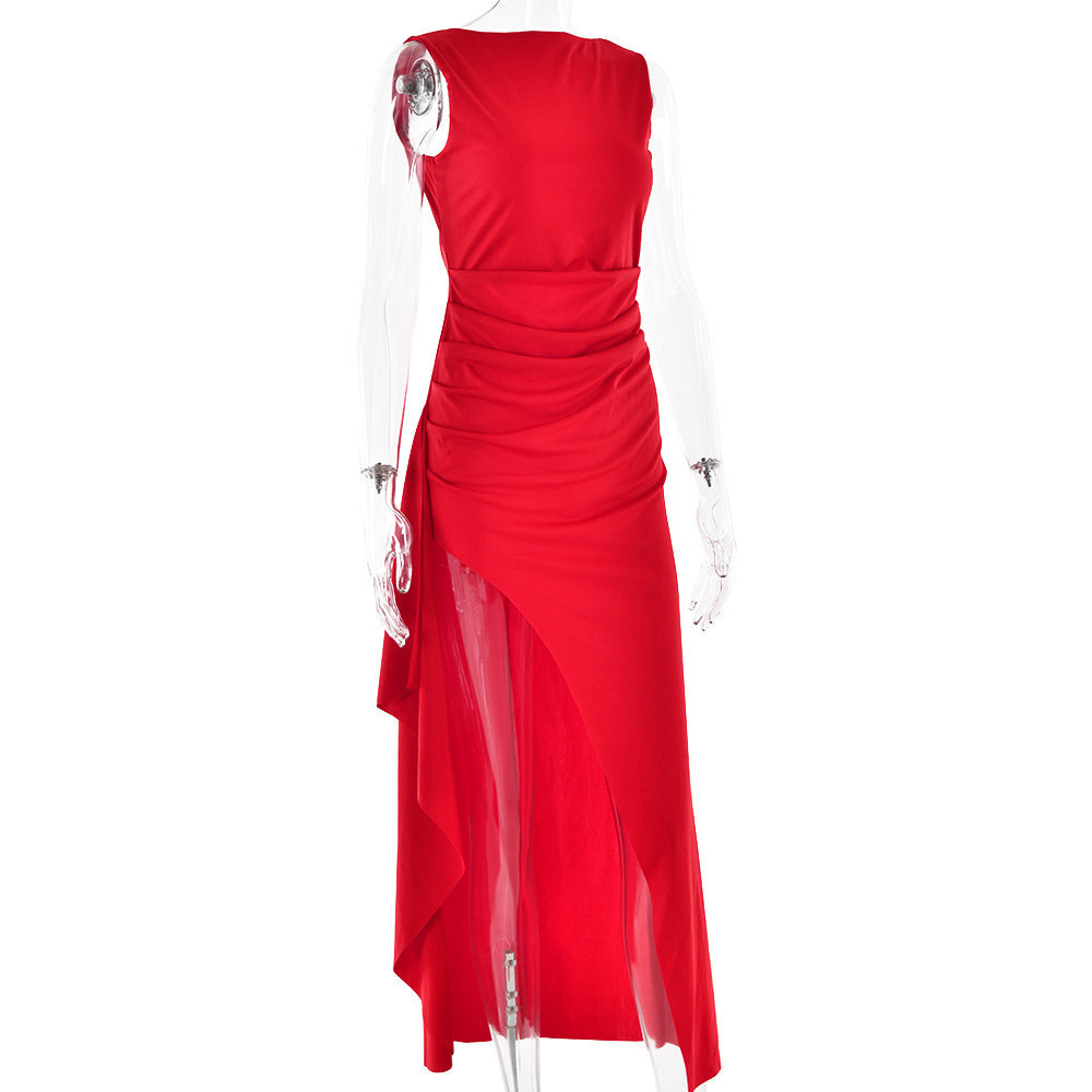 Simplicity Intellectual Sleeveless Flounce High Slit Design Backless Tight Dress