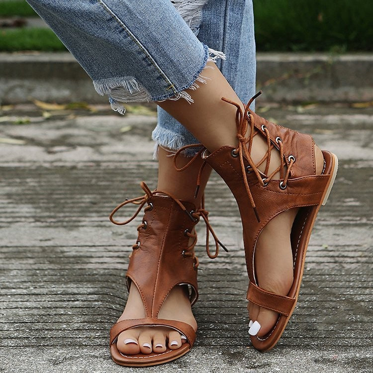Roman Style Solid Color High-top Lace-up Back Zipper Plus Size Sandals