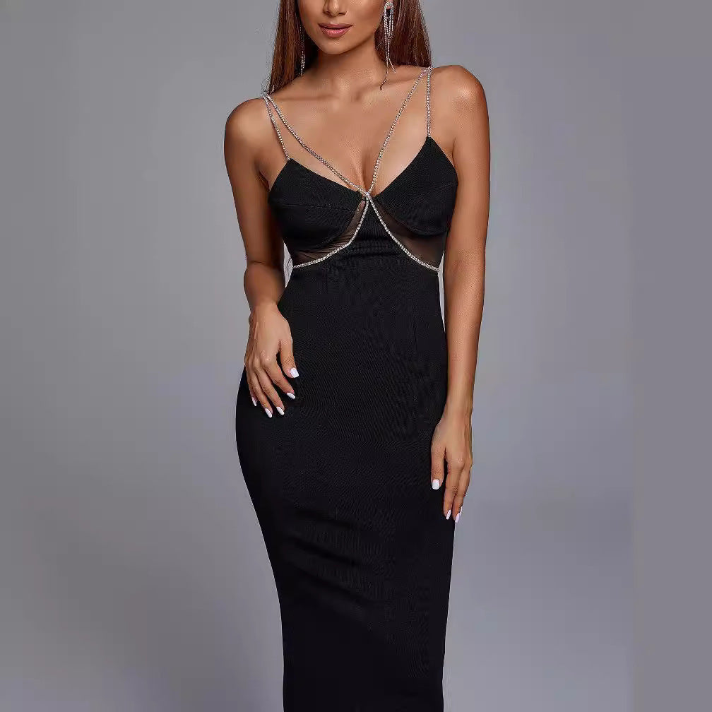 Crystal Drill Chain Straps Tulle Stitched Backless Evening Gown