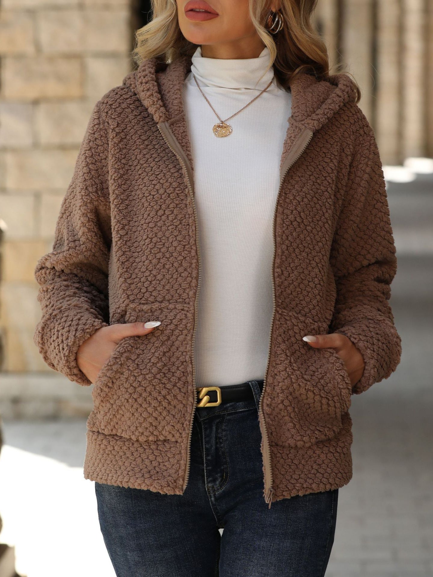 Women's Autumn And Winter Loose Pocket Hooded Zipper Plush Jacket
