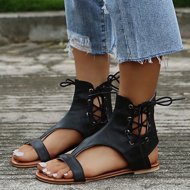 Roman Style Solid Color High-top Lace-up Back Zipper Plus Size Sandals