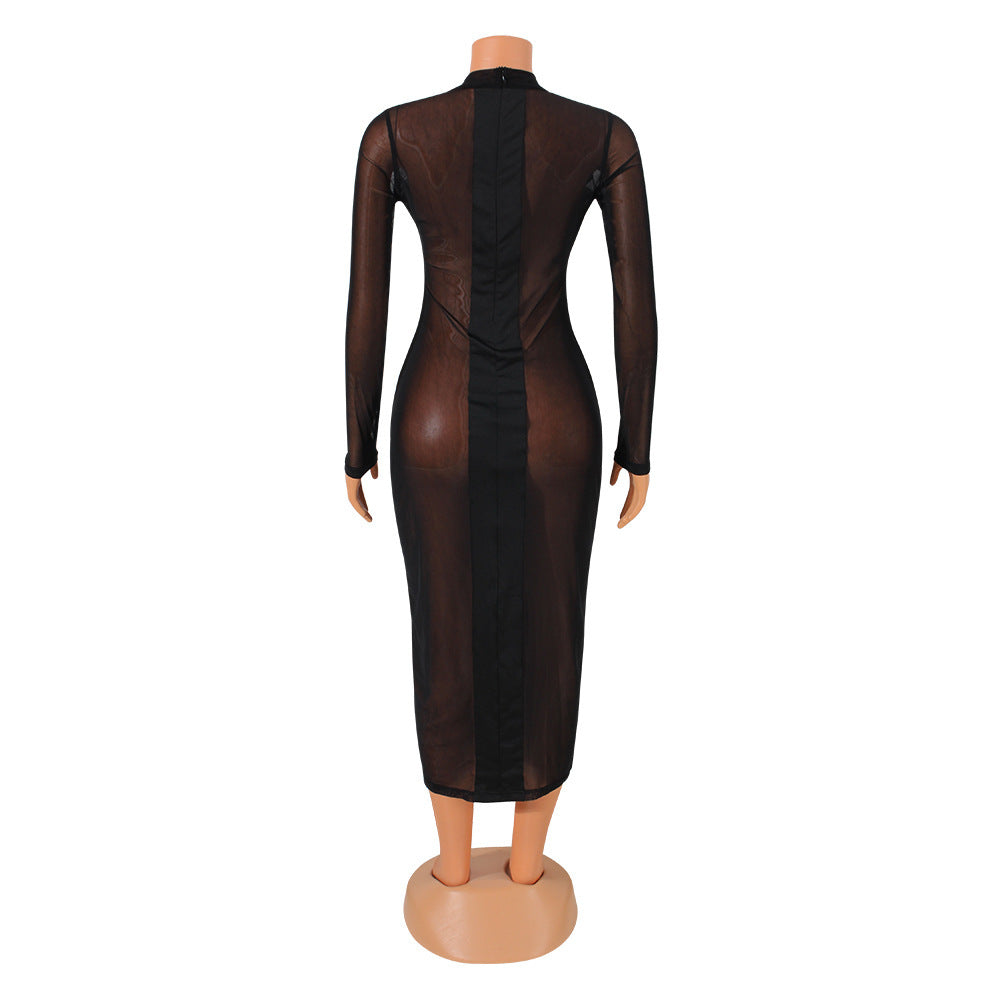 Sexy Mesh Stitching Long-Sleeved Solid Color Dress