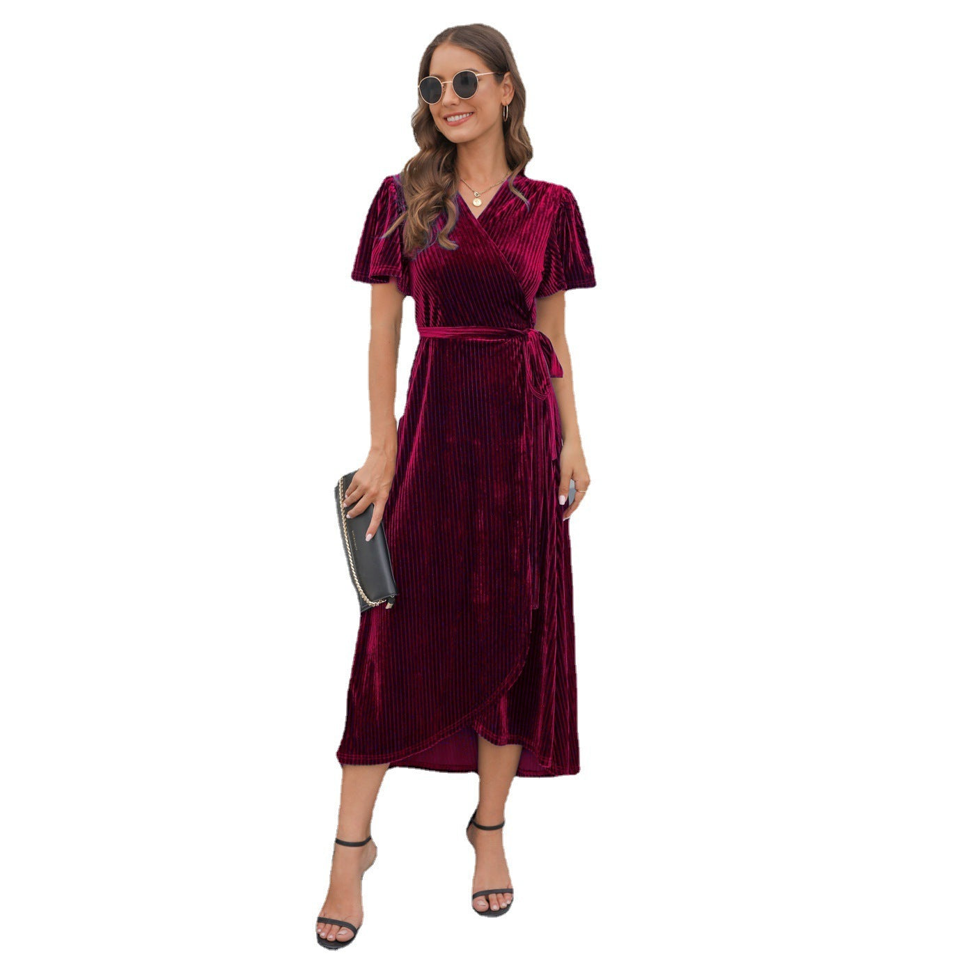 Women's Spring And Autumn Split Gold Velvet Mid-length Formal Dress
