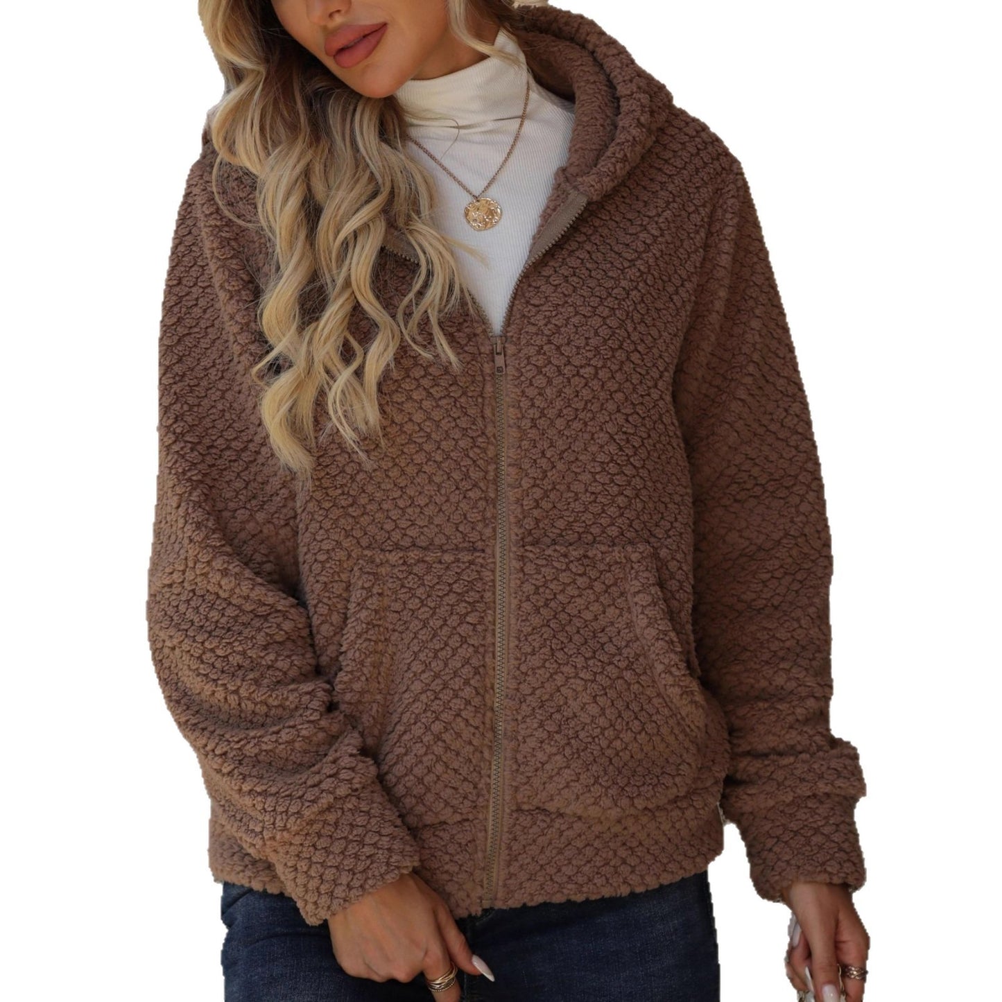 Women's Autumn And Winter Loose Pocket Hooded Zipper Plush Jacket