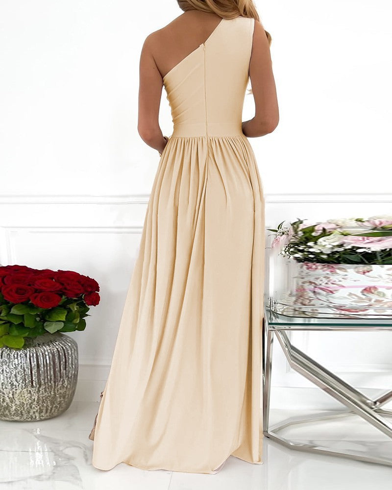 Fashion Sexy Solid Color One-shoulder Halter Neck High-waist Split Long Dress