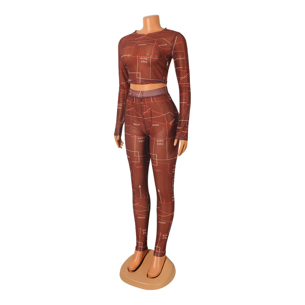 Fashion Sexy Mesh Printed Long Sleeve Two-Piece Suit