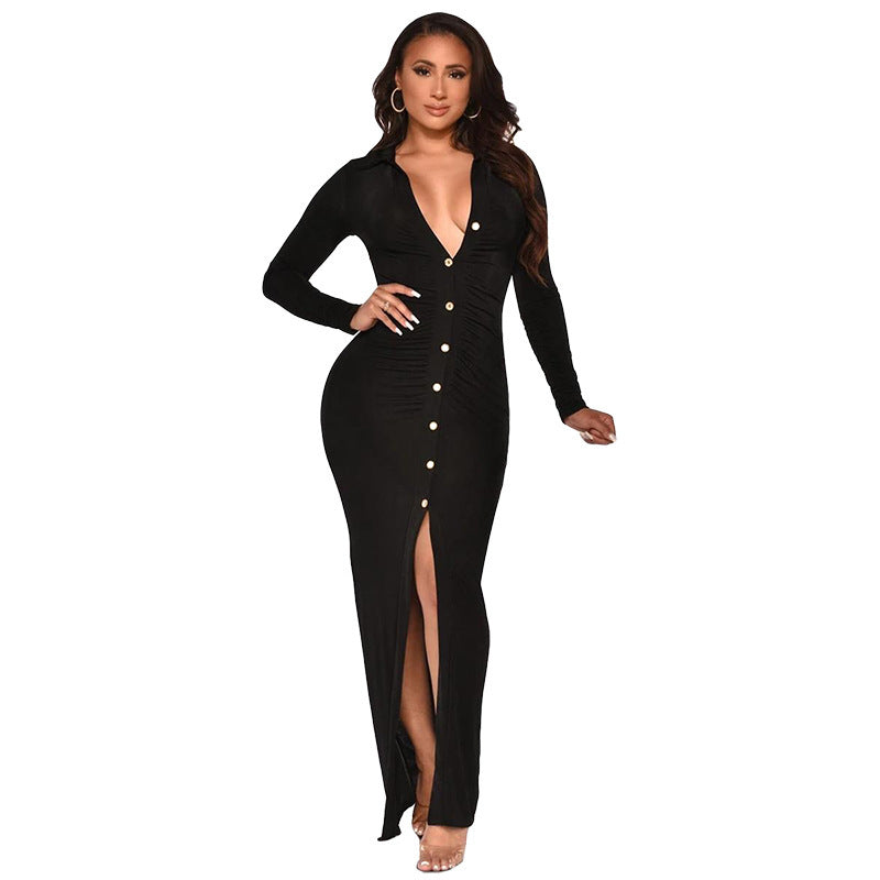 Fashion Solid Color Korean Velvet Slim Sexy Bag Hip Cardigan Dress Long Skirt