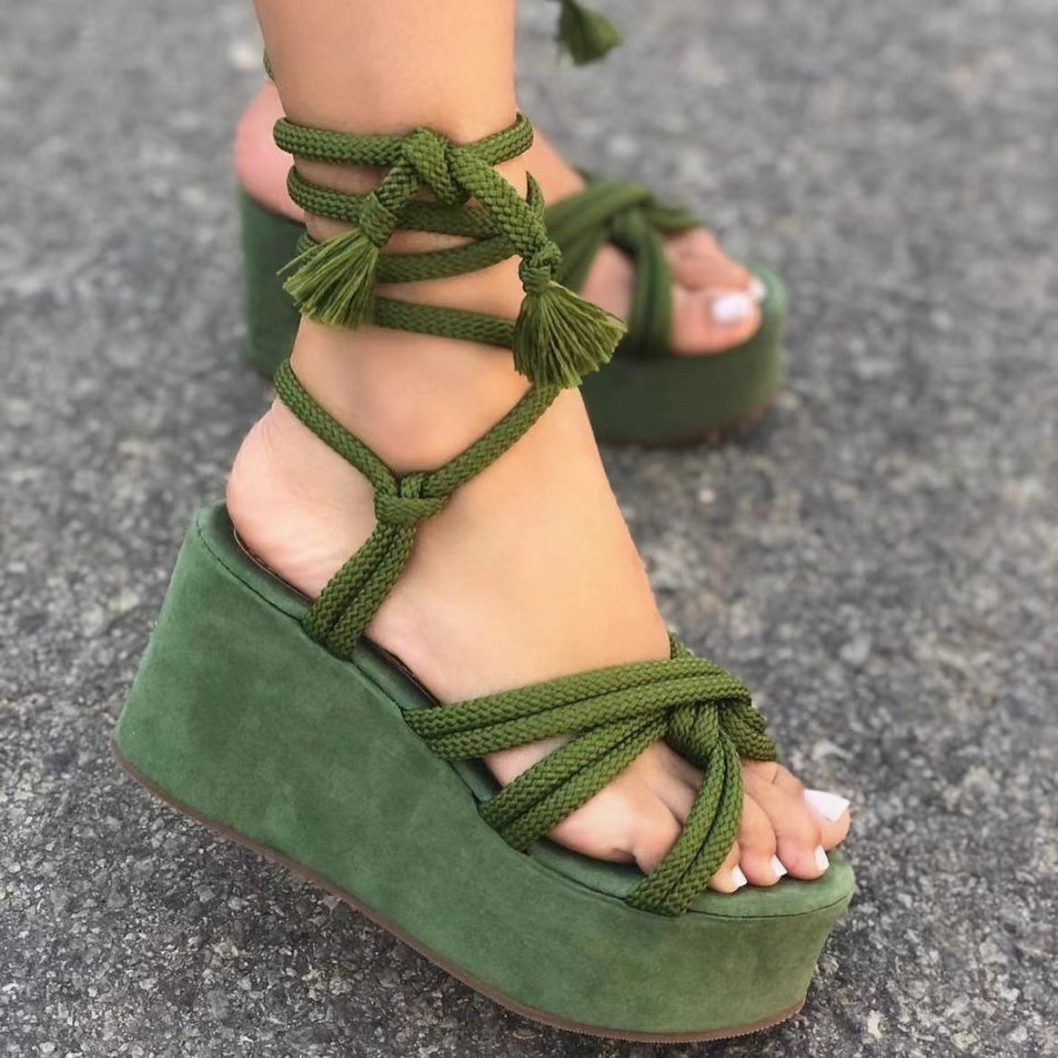 Platform Strap Sandals Round Toe Rope Strap Fashion Sandals