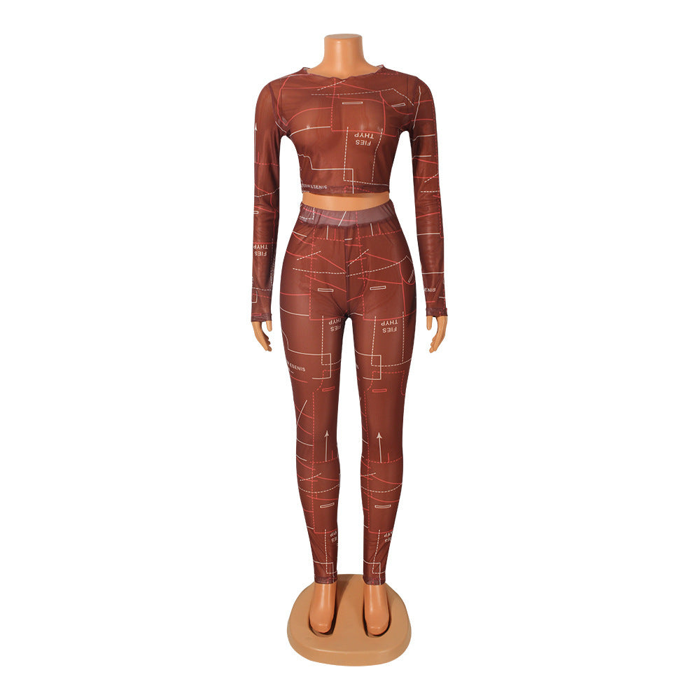 Fashion Sexy Mesh Printed Long Sleeve Two-Piece Suit