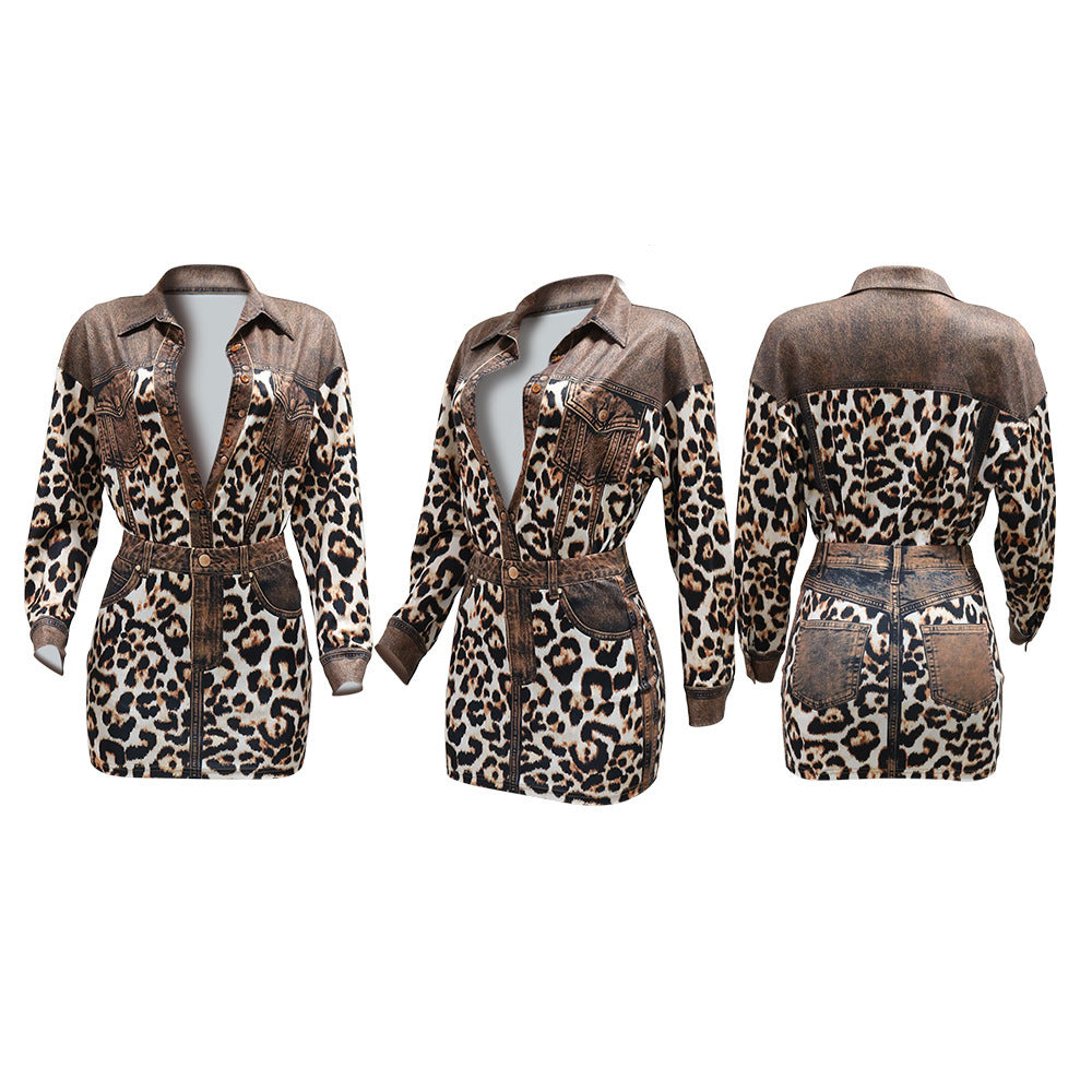Leopard Print Two-Piece Set Long Sleeve Button-Up Blouse With Faux Pocket High Waist Bodycon Skirt