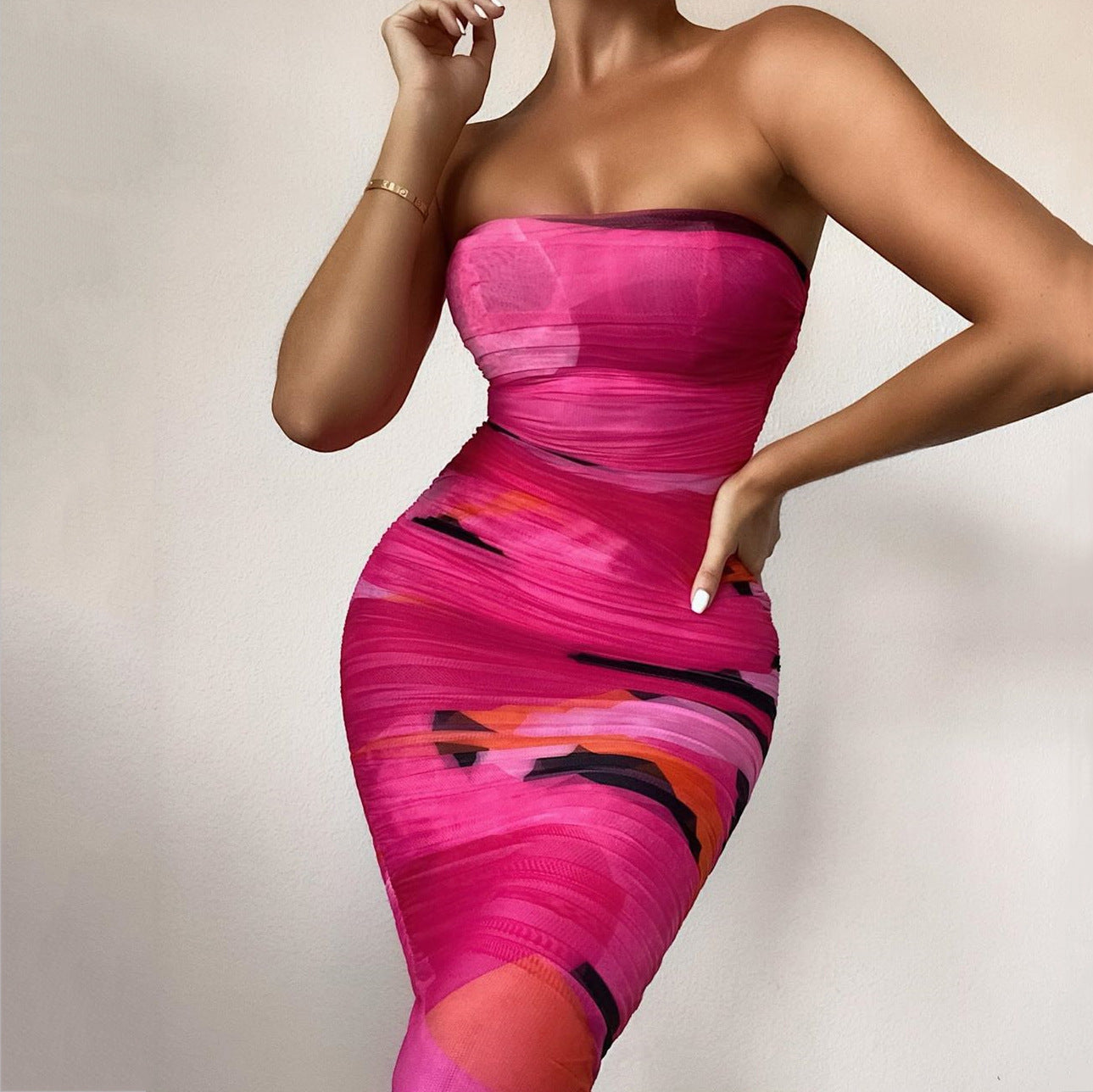 Double-layer Mesh Printed Pleated Hip Tube Top Dress