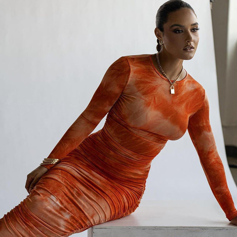 Long Sleeve Round Neck Slim Fit Temperament Versatile Printing And Dyeing Long Dress