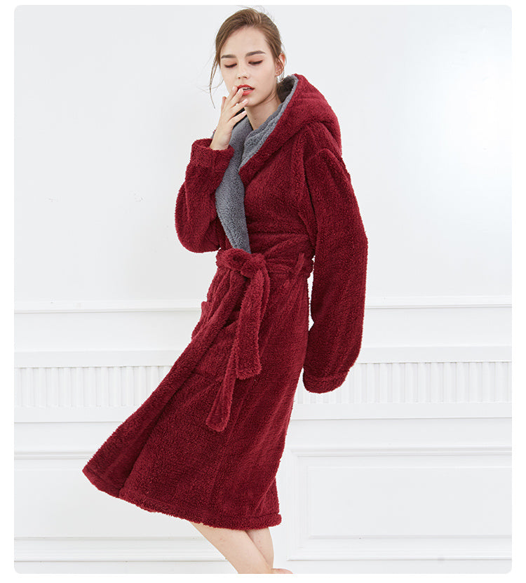 Men's Thick Hooded Coral Fleece Nightgown Warm Large Size Long Couple Pajamas