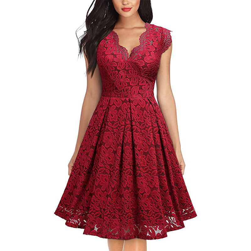 Europe And America Women's Vintage Lace V-Neck Sleeveless Cocktail Party Swing Skirt