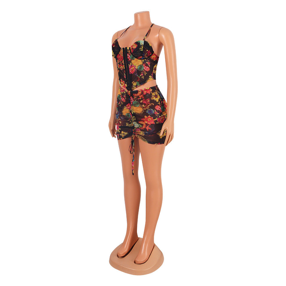 Sexy Mesh Printed Suspenders Wrapped Chest Short Skirt Two-Piece Suit