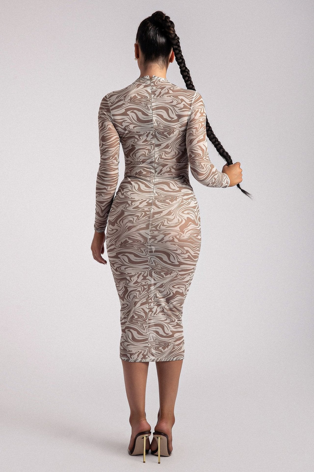 Long Sleeve Printed Leopard Print Transparent Midi Skirt