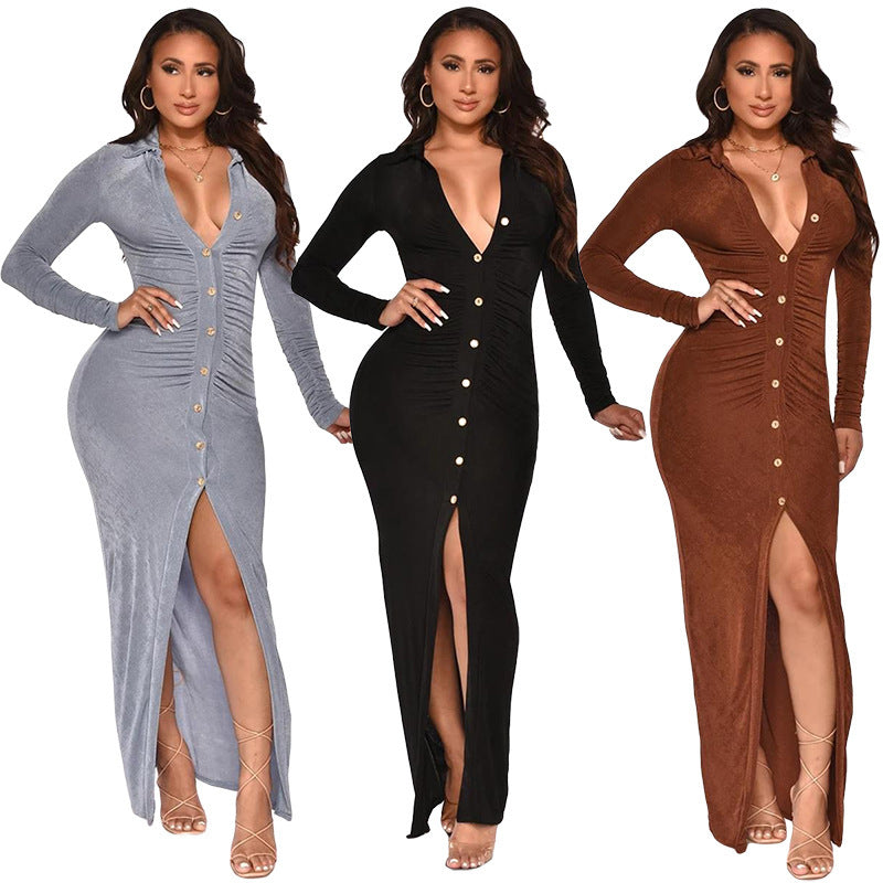 Fashion Solid Color Korean Velvet Slim Sexy Bag Hip Cardigan Dress Long Skirt