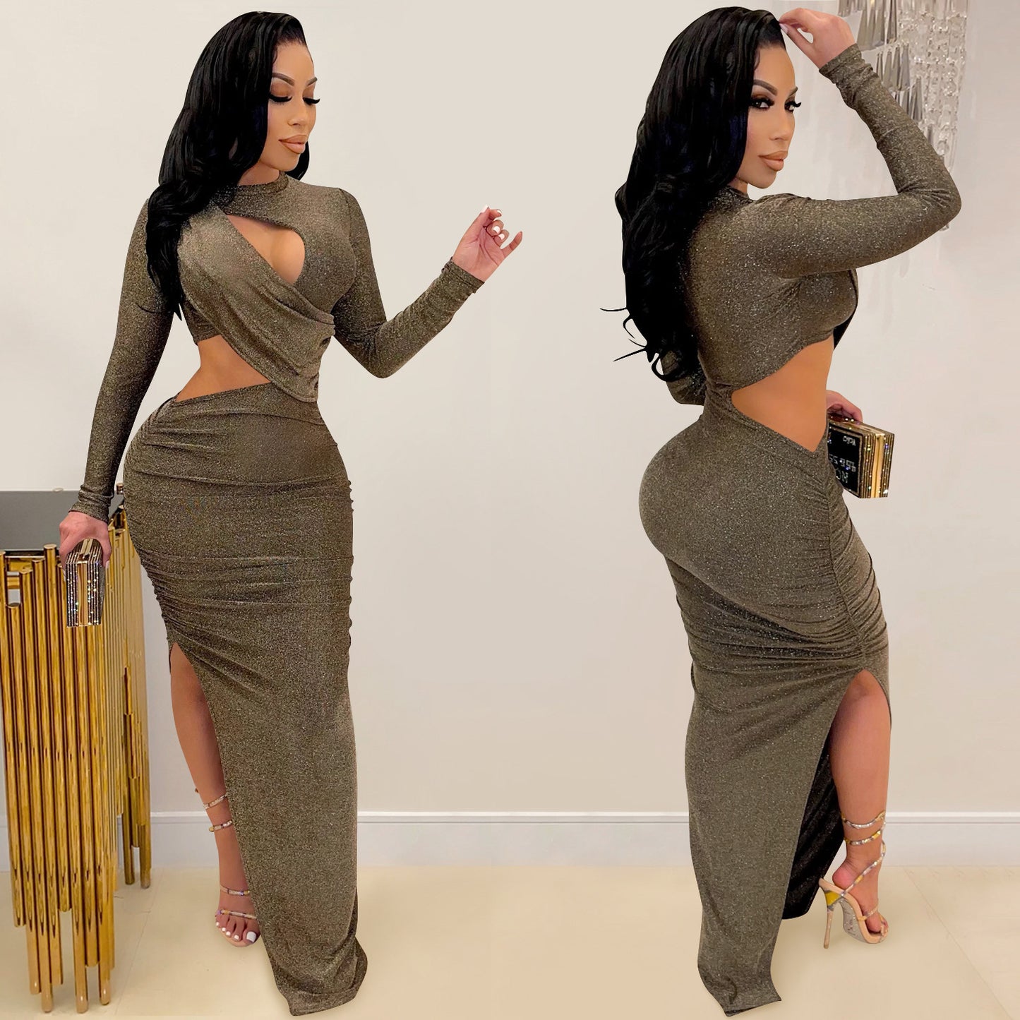 Ladies Long Sleeve Hollow Split Dress
