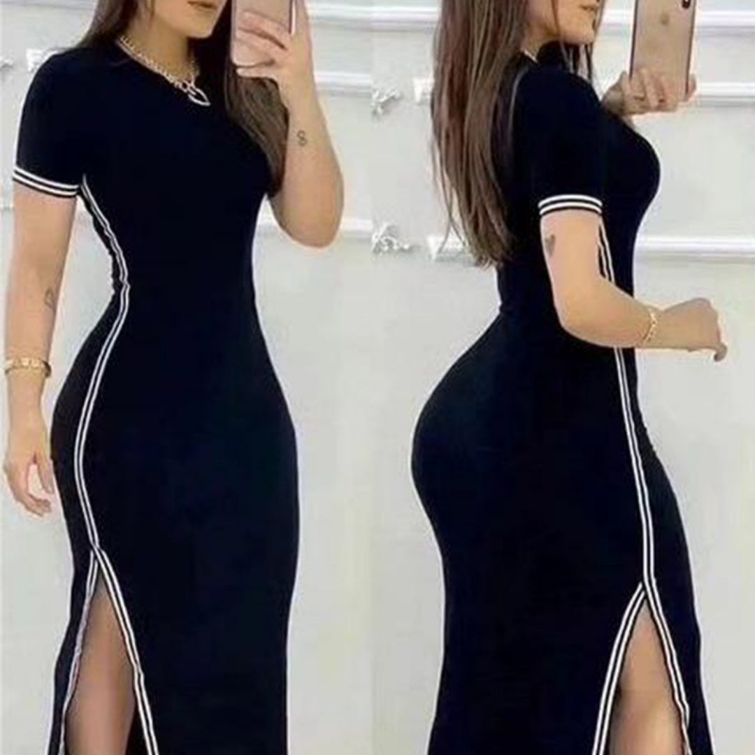 Women's Short Sleeve And Long Pattern Split Dress